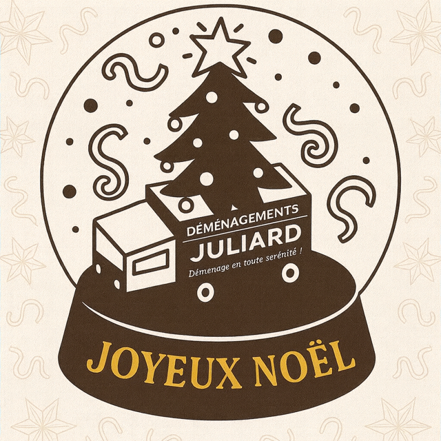 Camion de déménagement dans une boule de cristal avec écrit Joyeux Noël.